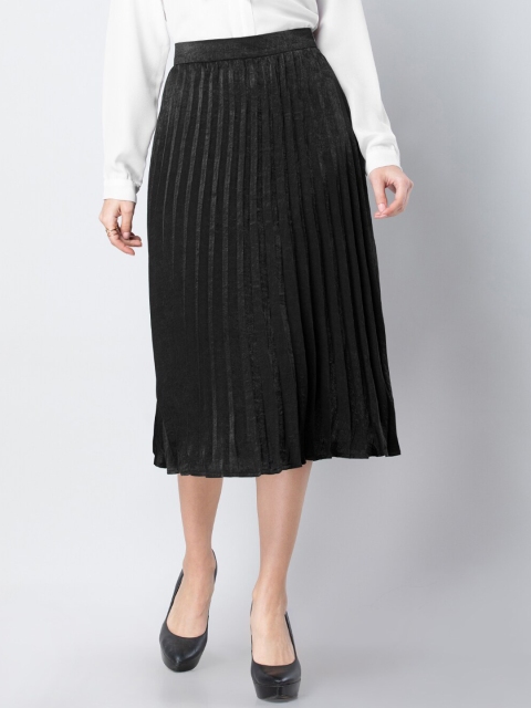 

FabAlley Women Black Solid Pleated A-Line Midi Skirt