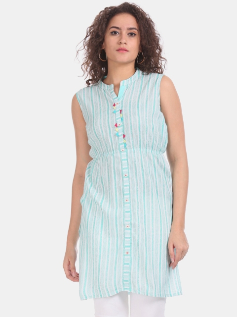 

Karigari Women Green & White Striped Straight Kurta