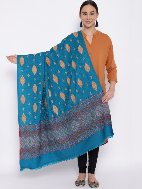 

Pashmoda Women Blue Embroidered Woolmark Certified Pure Wool Shawl