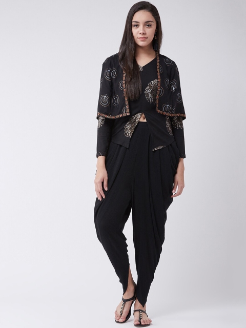

Pannkh Women Black & Off-White Printed Top & Dhoti Pants with Shrug
