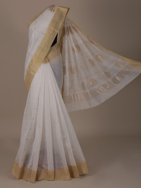 

Pothys White & Gold-Toned Silk Cotton Woven Design Saree