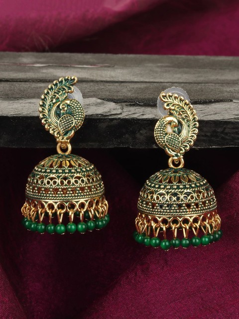 

ANIKAS CREATION Green & Gold-Plated Dome Shaped Jhumkas