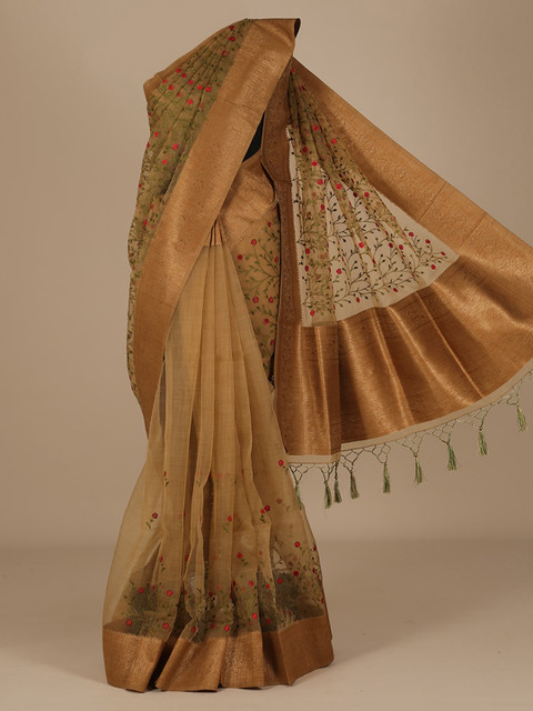 

Pothys Brown & Red Floral Embroidered Tissue Saree