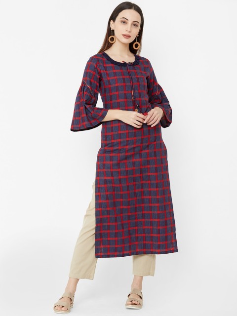 

Os Women Grey & Red Checked Straight Kurta