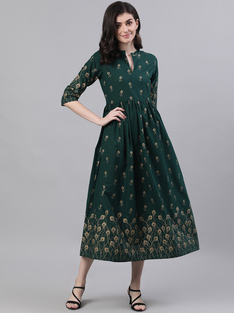 

Nayo Women Green Printed A-Line Dress