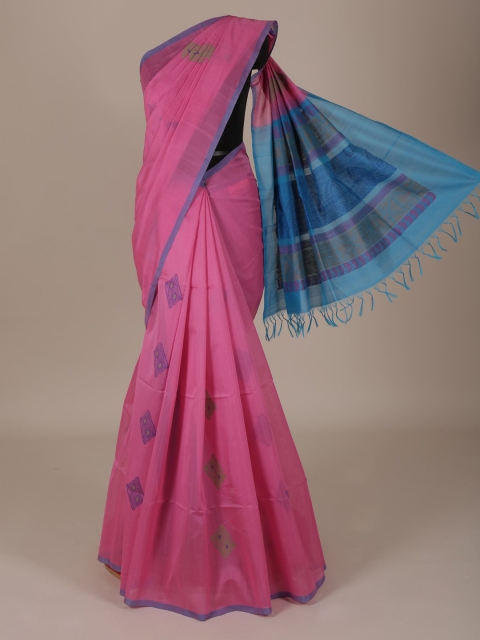 

Pothys Pink & Blue Silk Cotton Colourblocked Saree