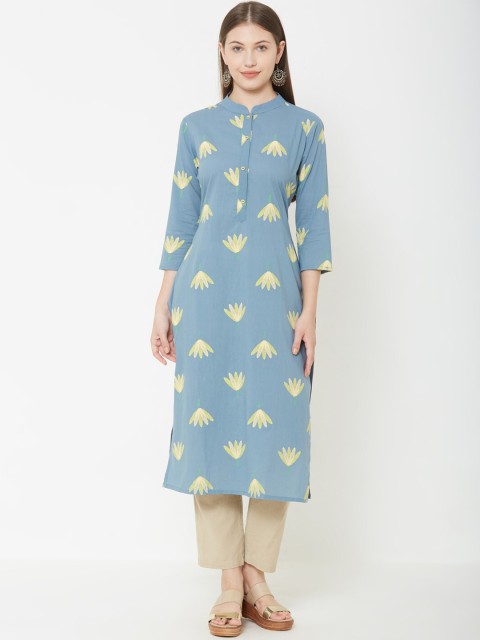 

FASHOR Women Blue & Yellow Printed Straight Kurta