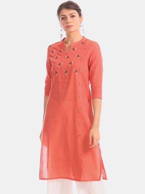 

Karigari Women Coral Pink Embroidered Straight Kurta