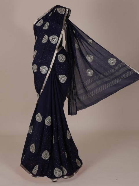 

Pothys Navy Blue & Silver-Toned Pure Chiffon Woven Design Saree