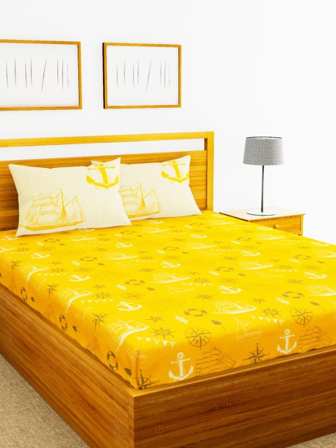 

BIANCA Yellow & White Printed 144 TC Cotton 1 King Bedsheet with 2 Pillow Covers