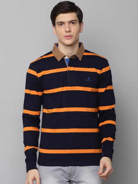 

GANT Men Navy Blue & Orange Striped Polo Collar T-shirt