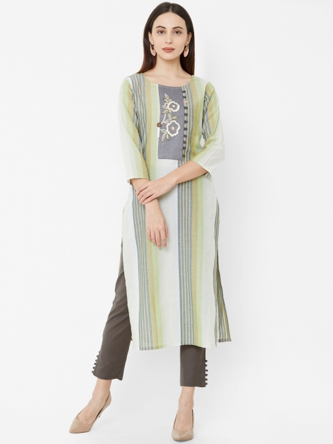 

Os Women Green & Off-White Striped Straight Kurta