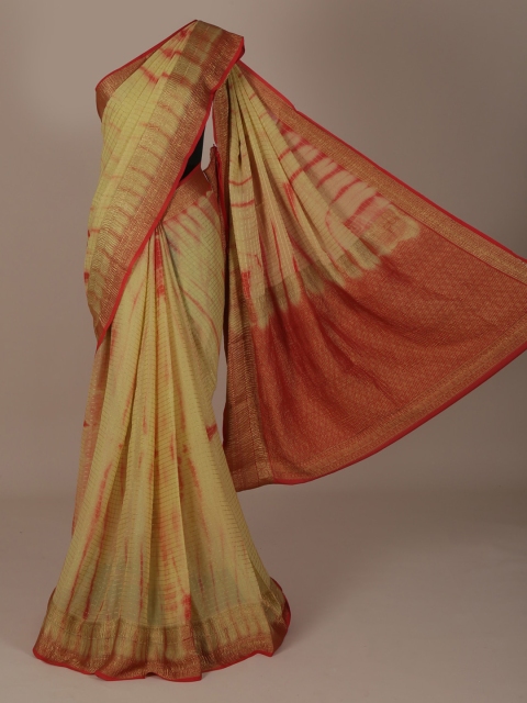 

Pothys Yellow & Orange Pure Chiffon Colourblocked Saree
