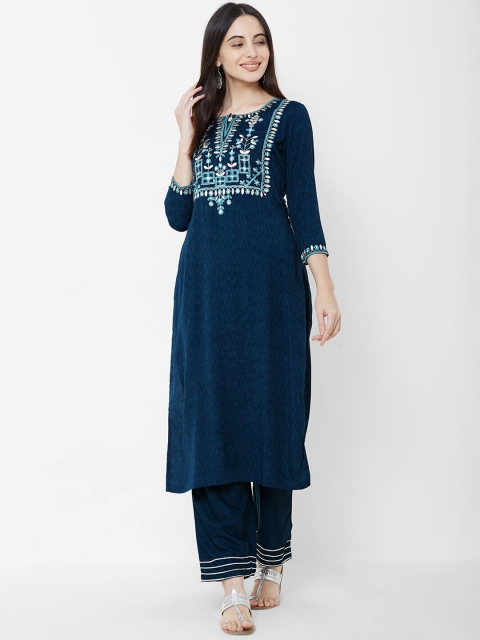 

FASHOR Women Blue Embroidered Kurta with Trousers