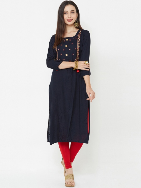 

FASHOR Women Navy Blue & Beige Embroidered Straight Kurta