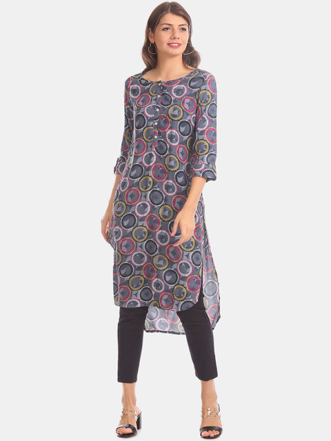 

Karigari Women Grey & Pink Printed Straight Kurta