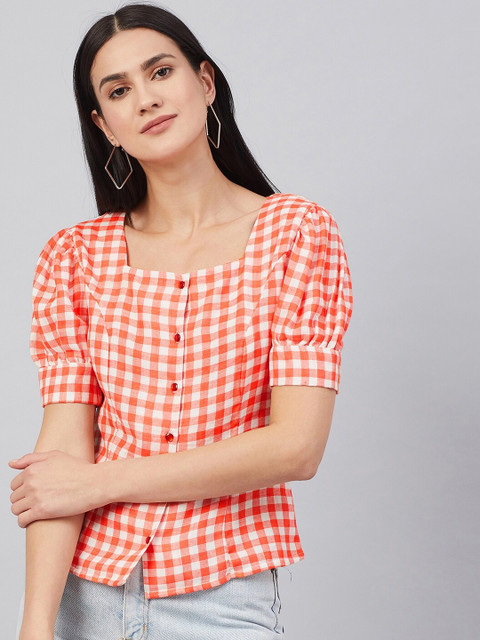 

Marie Claire Women Orange Checked Blouson Pure Cotton Top