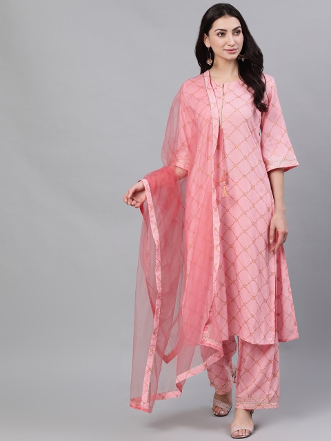 

Nayo Women Pink & Gold-Coloured Printed Kurta with Palazzos & Dupatta
