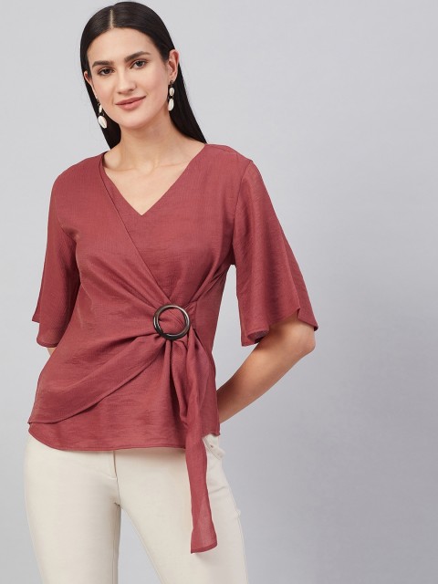 

Marie Claire Women Rust Brown Solid Wrap Top