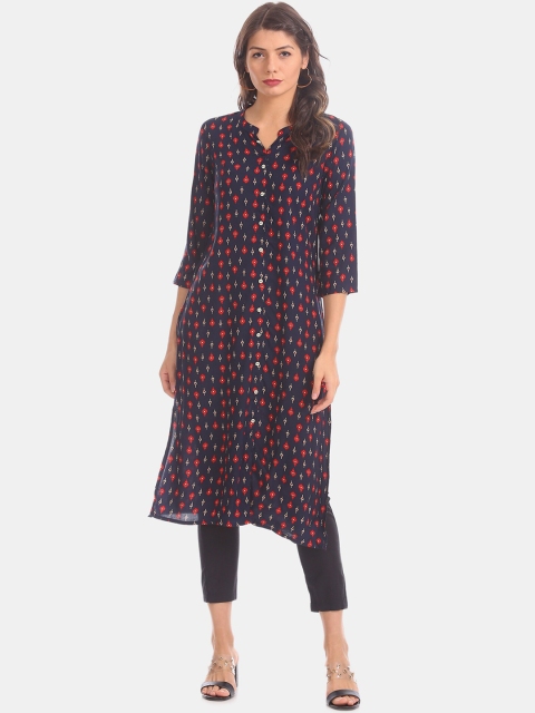

Karigari Women Navy Blue & Red Printed A-Line Kurta