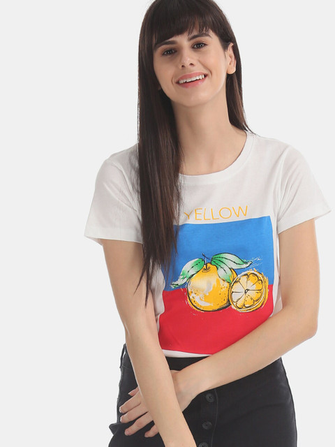 

Sugr Women White Printed Round Neck T-shirt