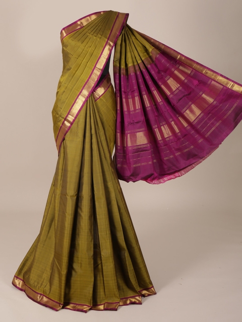 Pothys Green & Gold-Toned Pure Silk Solid Saree