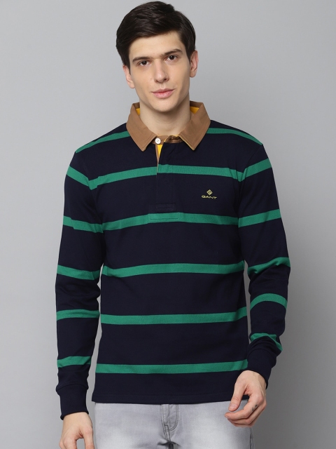 

GANT Men Navy Blue & Green Striped Polo Collar T-shirt