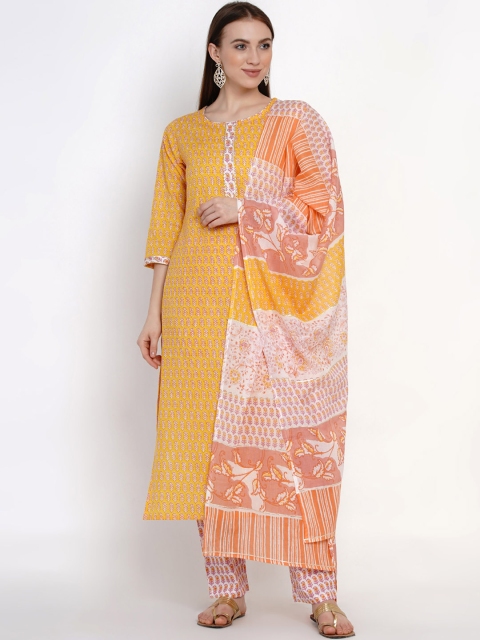 

Yuris Women Yellow & Peach-Coloured Printed Kurta with Trousers & Dupatta