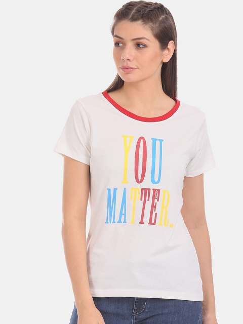 

Sugr Women Off-White Printed Round Neck T-shirt