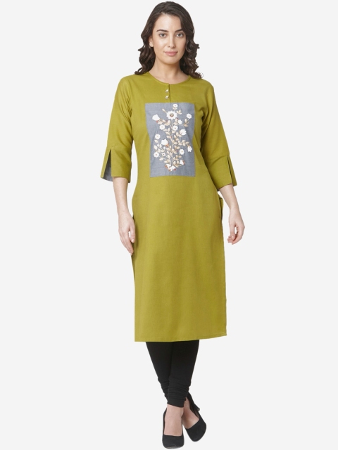 

Os Women Olive Green Embroidered Straight Kurta