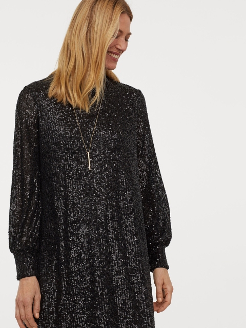

H&M Women Black Long-Sleeved Sequinned Dress