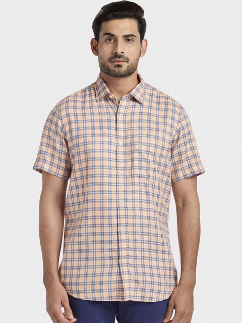 

ColorPlus Men Peach-Coloured & Blue Tailored Fit Checked Casual Shirt