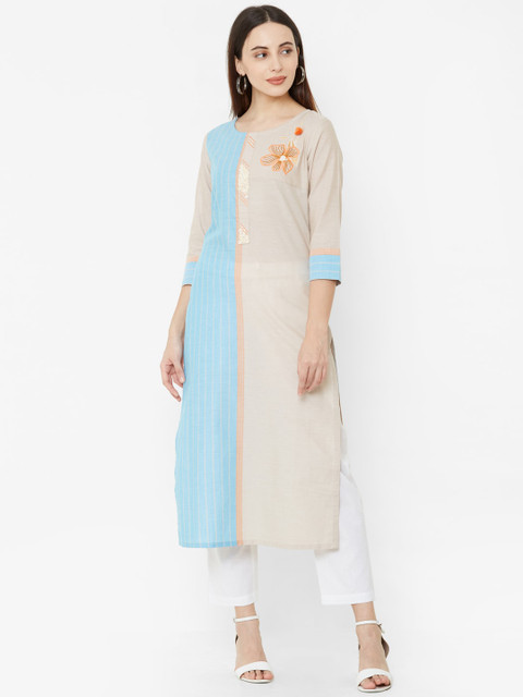 

Os Women Beige & Blue Colourblocked Straight Kurta