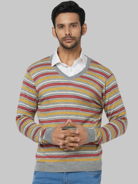 

Park Avenue Men Grey-Melange & Red Striped Sweater