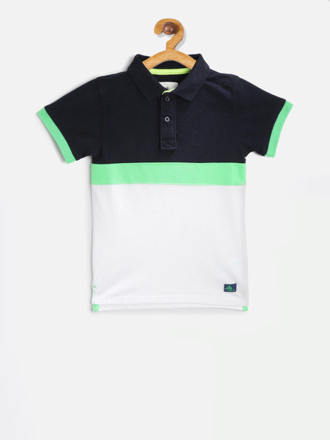 

Cherry Crumble Boys White & Navy Blue Colourblocked Polo Collar T-shirt
