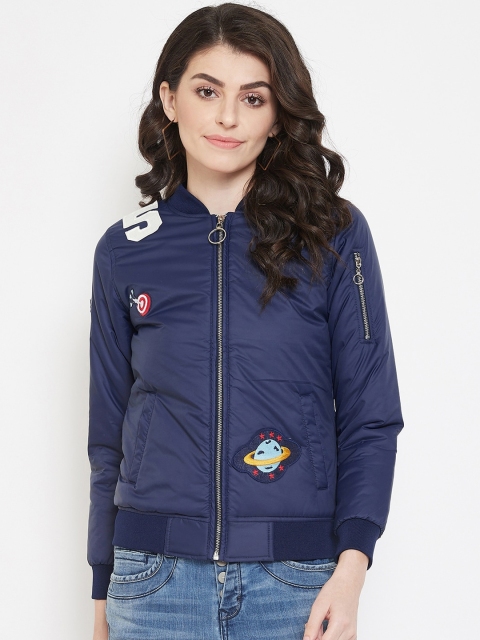Austin wood Women Navy Blue Solid Lightweight Bomber