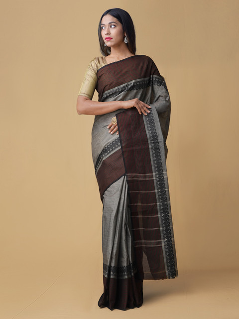 

Unnati Silks Grey & Brown Pure Cotton Striped Saree