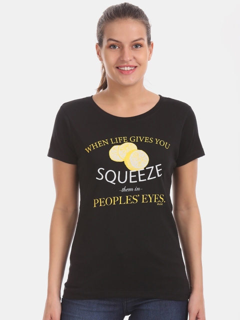 Sugr Women Black Printed Round Neck T-shirt