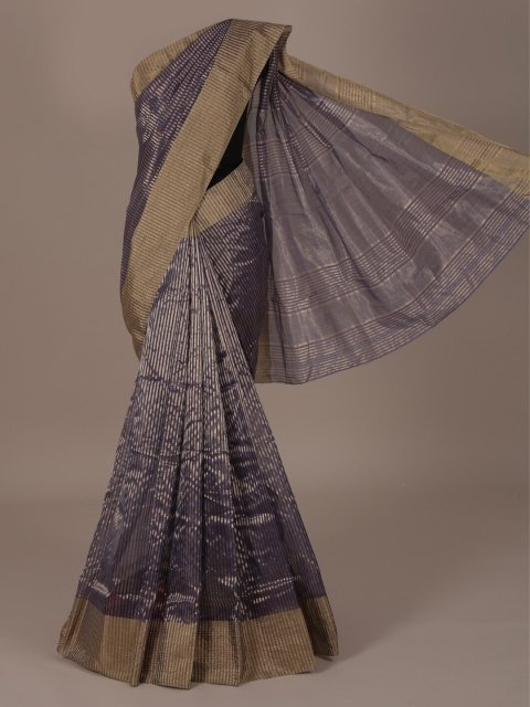 

Pothys Blue & Gold-Toned Silk Cotton Striped Saree