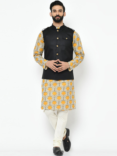 

KISAH Men Grey & Off-White Printed Kurta with Churidar
