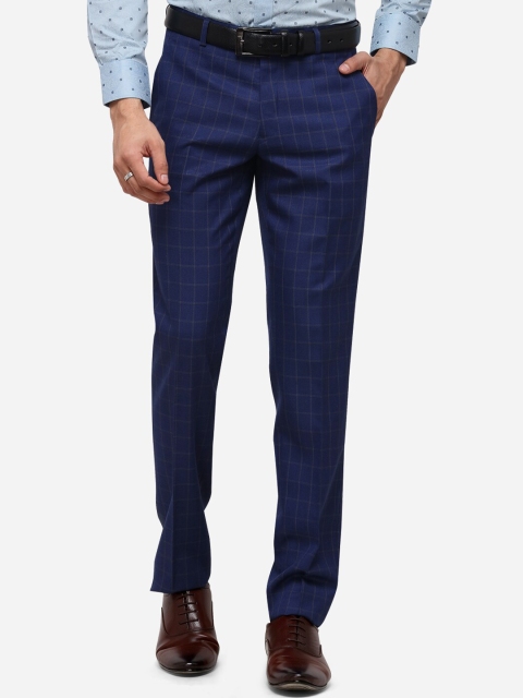 

Greenfibre Men Navy Blue Slim Fit Checked Formal Trousers