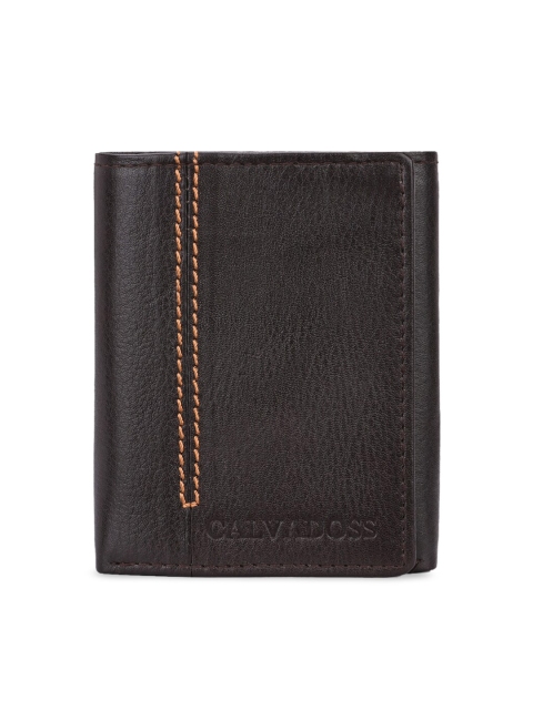 

Calvadoss Men Brown Textured Leather Three Fold Wallet