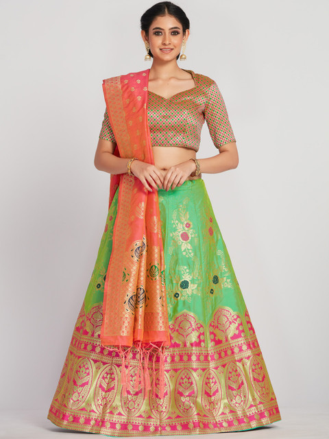 

MIMOSA Women Pink & Green Zari Woven Design Semi-Stitched Lehenga & Unstitched Choli with Dupatta