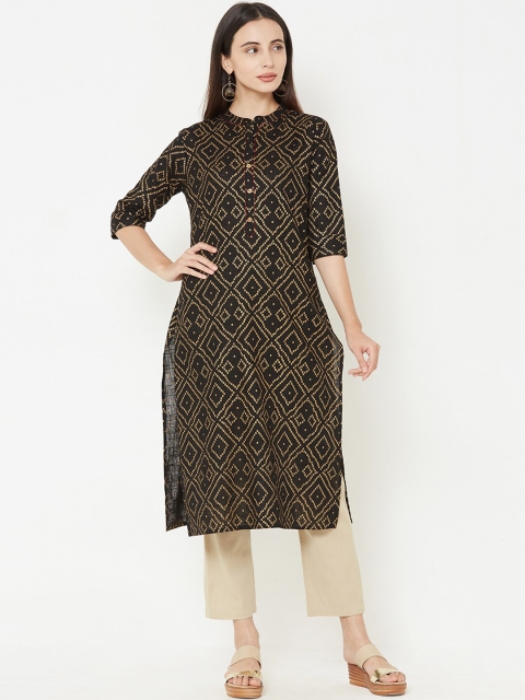 

FASHOR Women Black & Gold-Toned Printed Straight Kurta