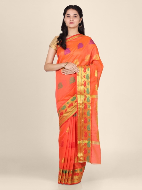 

CLAI WORLD Orange Handloom Woven Design Silk Blend Saree