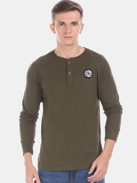 

Cherokee Men Olive Green Solid Henley Neck Pure Cotton T-shirt