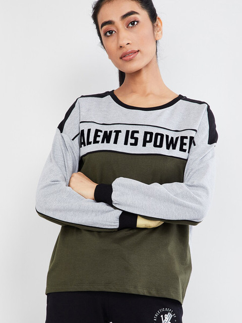 

max Women Olive Green & Grey Colourblocked Sweatshirt