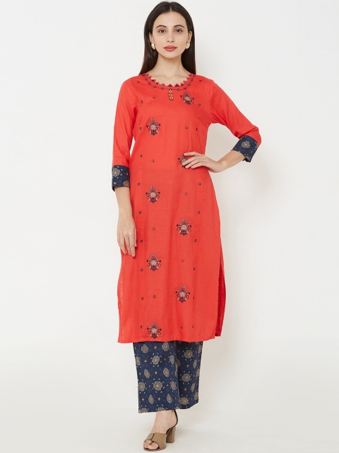 

FASHOR Women Red & Blue Printed Kurta with Palazzos