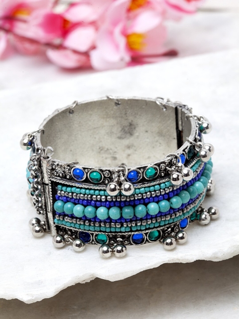 

Moedbuille Handcrafted Silver-Plated Blue Beads & Stone Studded Afghan Antique Design Tribal Oxidised Bracelet