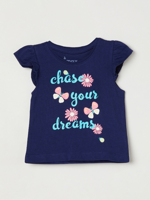 

max Girls Navy Blue Printed Round Neck T-shirt